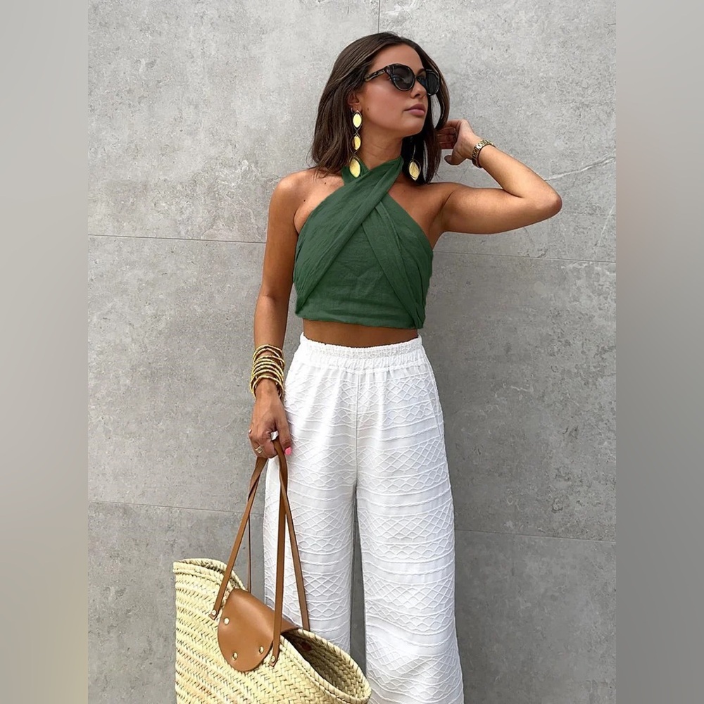 Commense Linen Blend Crisscross Halter Tank Top Green Size XSmall NWT